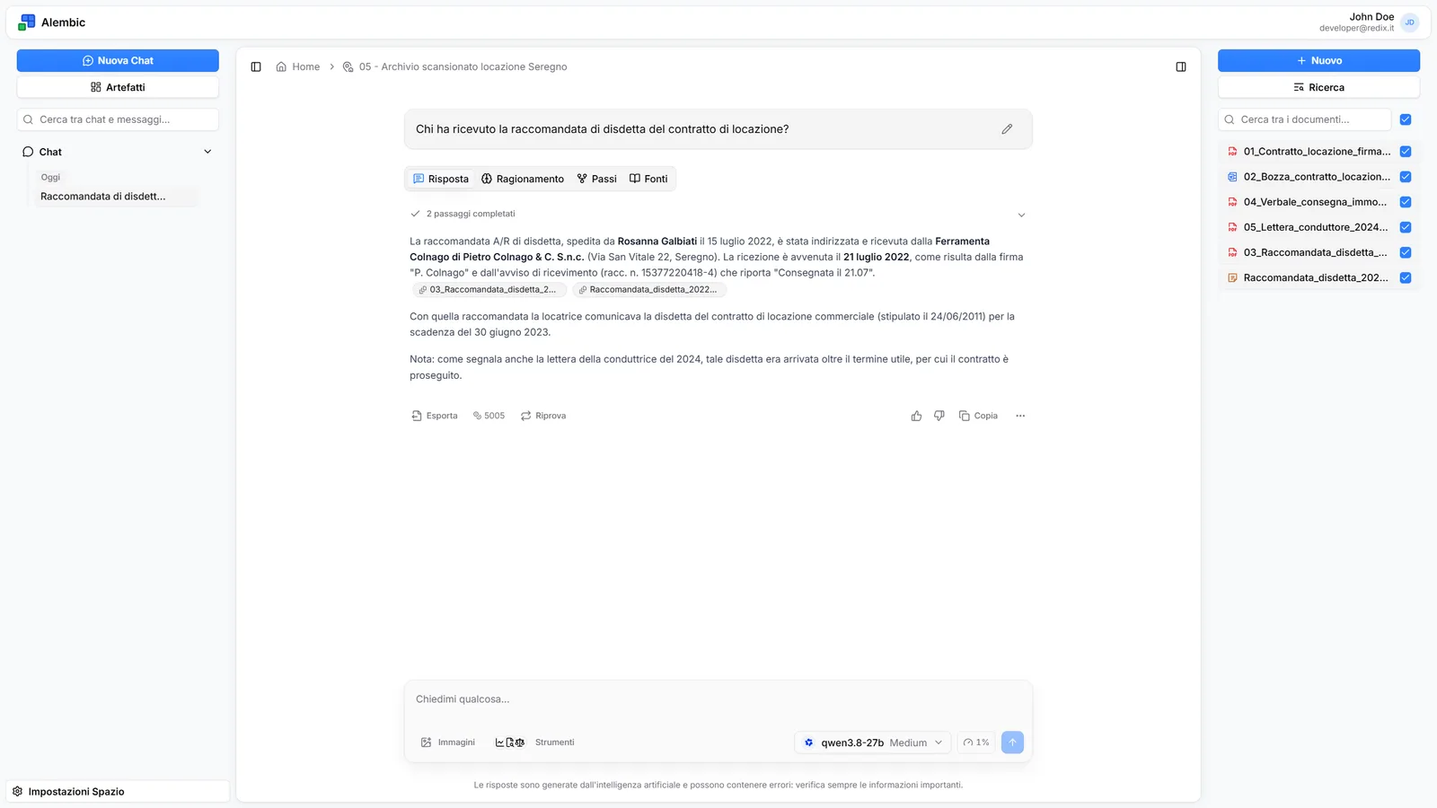 An Alembic answer with citations to the documents each piece of information comes from