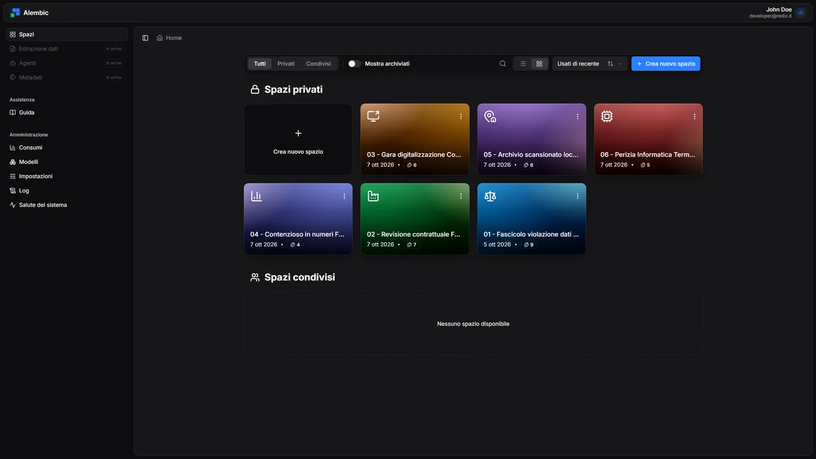 The Alembic home page with the user's workspaces