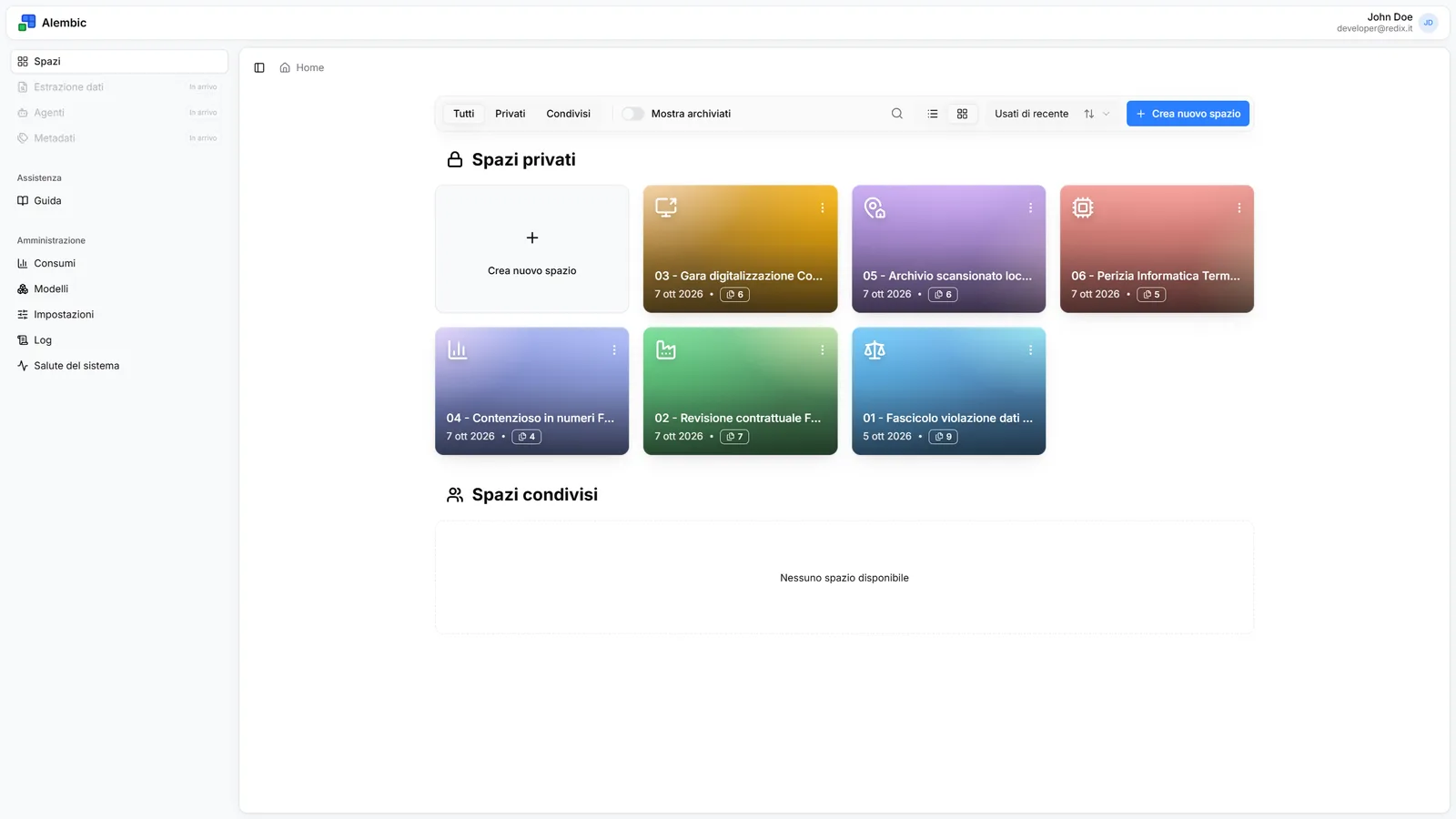 The Alembic home page with the user's workspaces