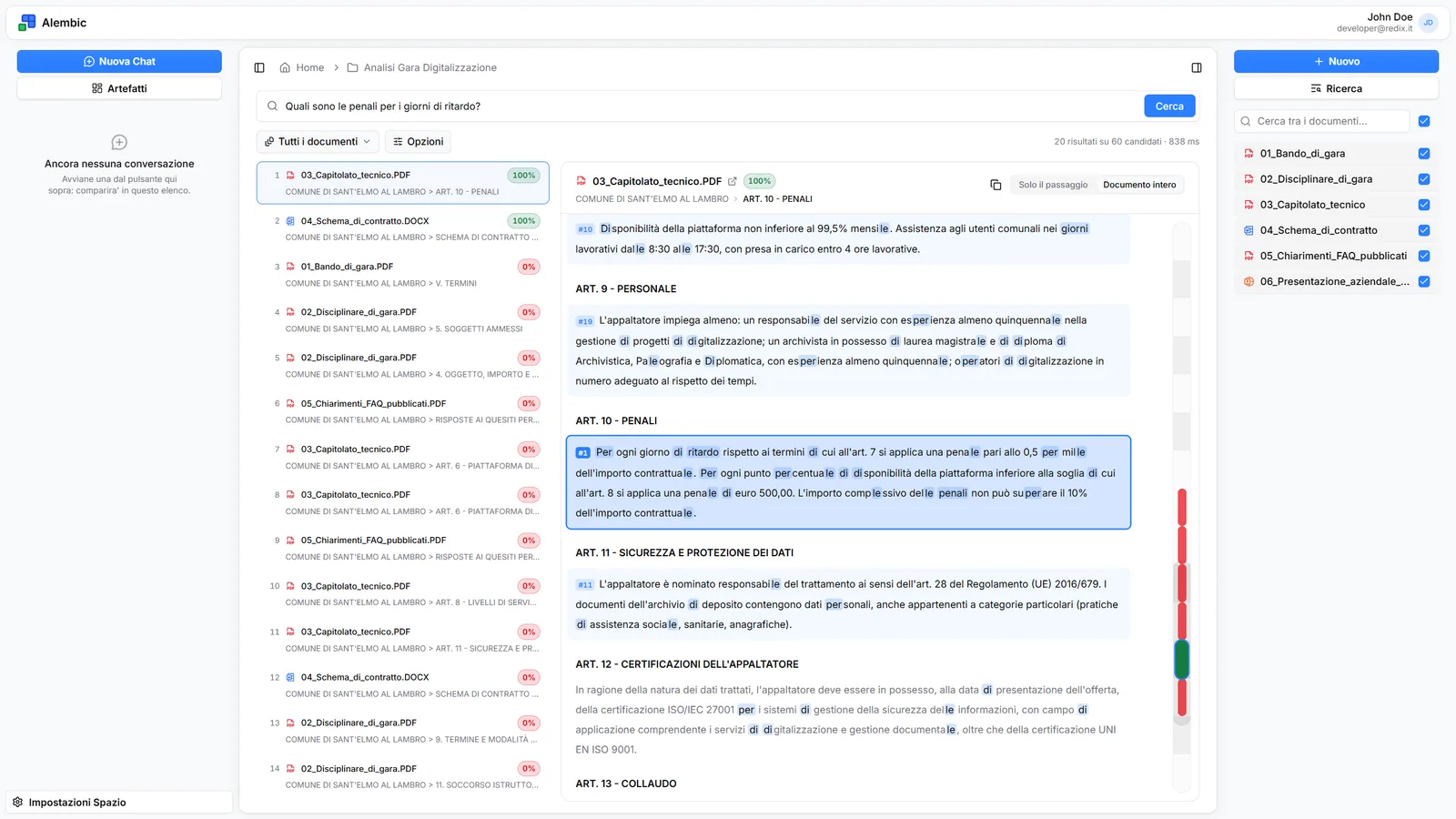 Alembic semantic search with the most relevant passages and the document open at the match